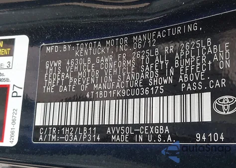 2012 Toyota Camry Hybrid Xle z USA, uszkodzony, nr VIN 4T1BD1FK9CU036175